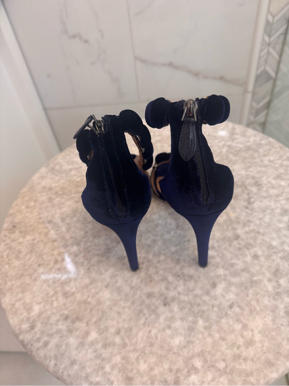 Alaia Navy Satin Pom-Pom Ankle-Strap Heels - Picture 9 of 16